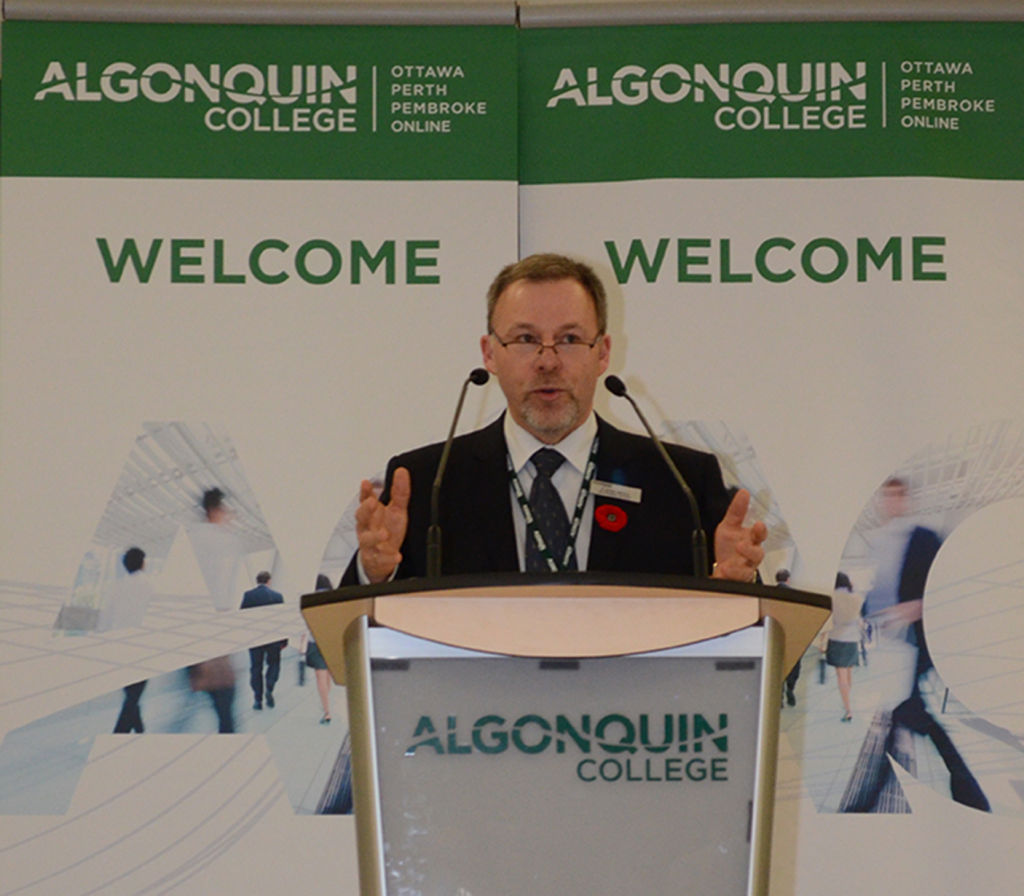 Claude Brule presents the International Strategic draft plan at the town hall meeting on Nov. 8. This plan was conducted by Algonquin about their plans to attract international students and expand overseas.